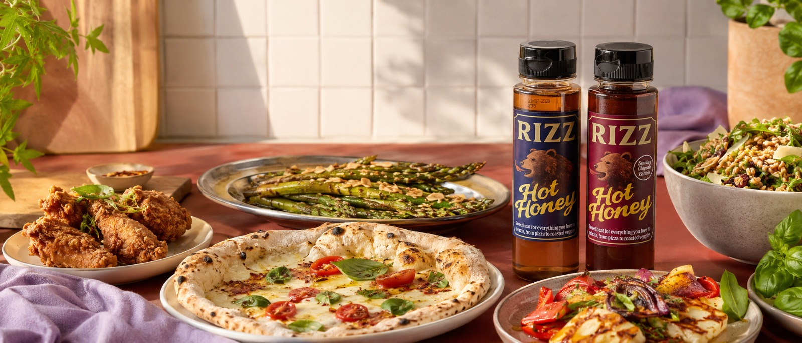 RIZZ Hot Honey Original and Smoked Chipotle bottles on a table with pizza, fried chicken, asparagus, and fresh salad